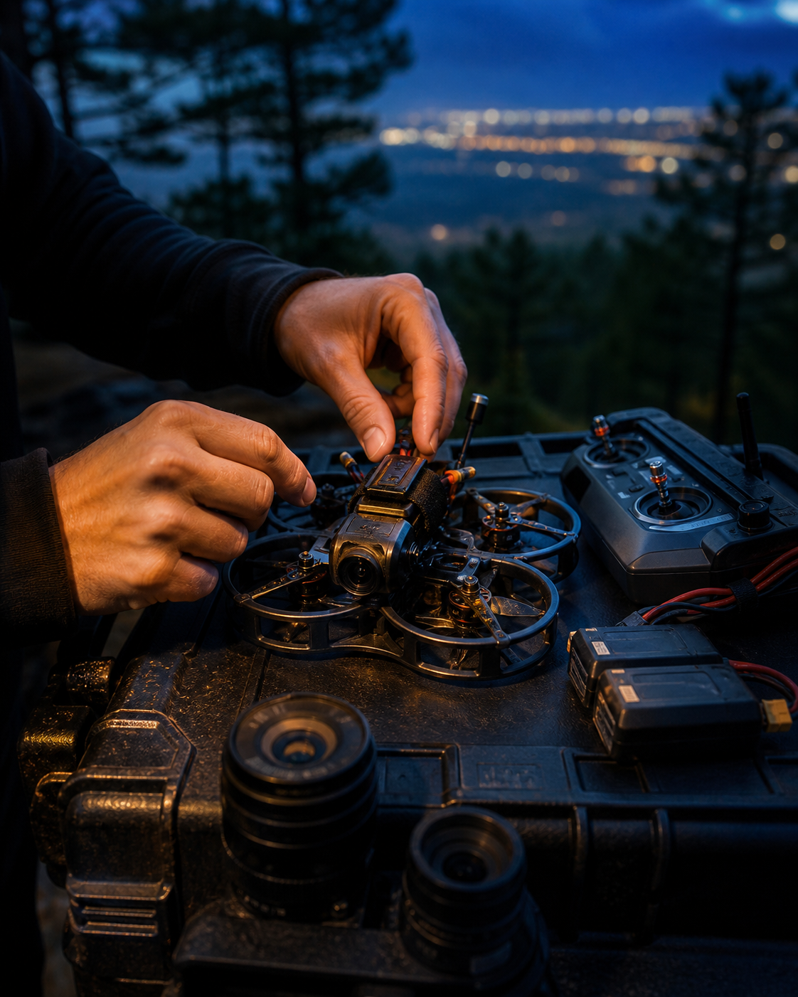 Hands preparing a professional cinema drone for a blue-hour production
