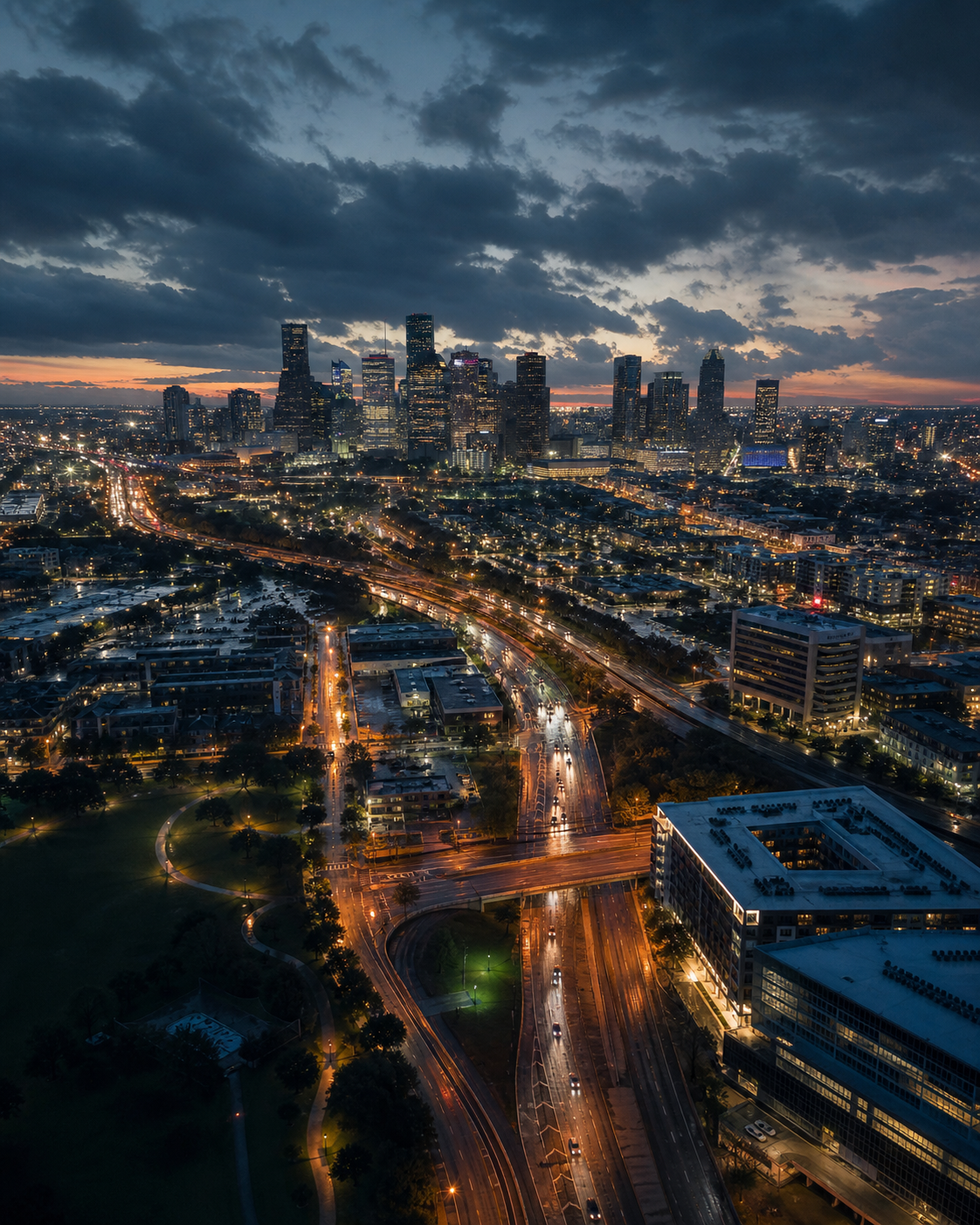 Cinematic blue-hour aerial over Houston roads and skyline